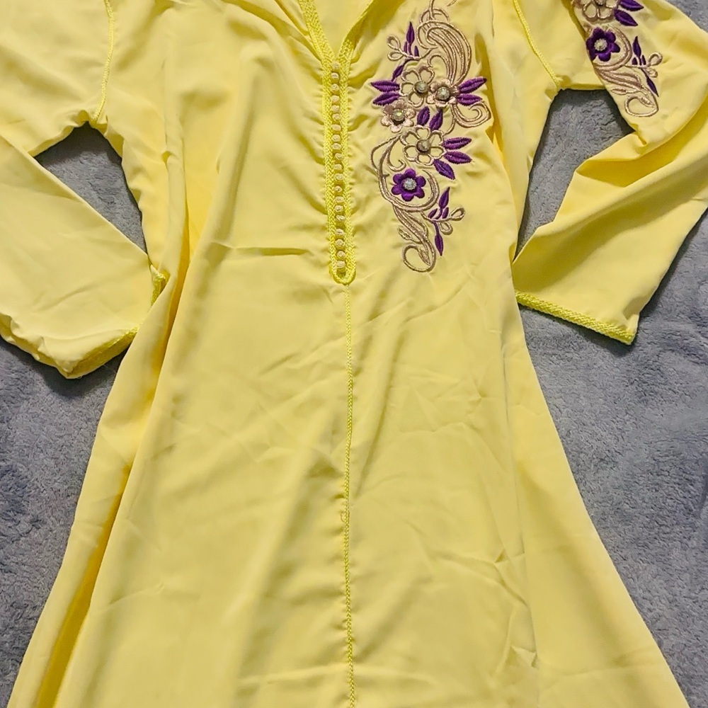 Elegant Yellow Maxi Dress with Purple Floral Embroidery